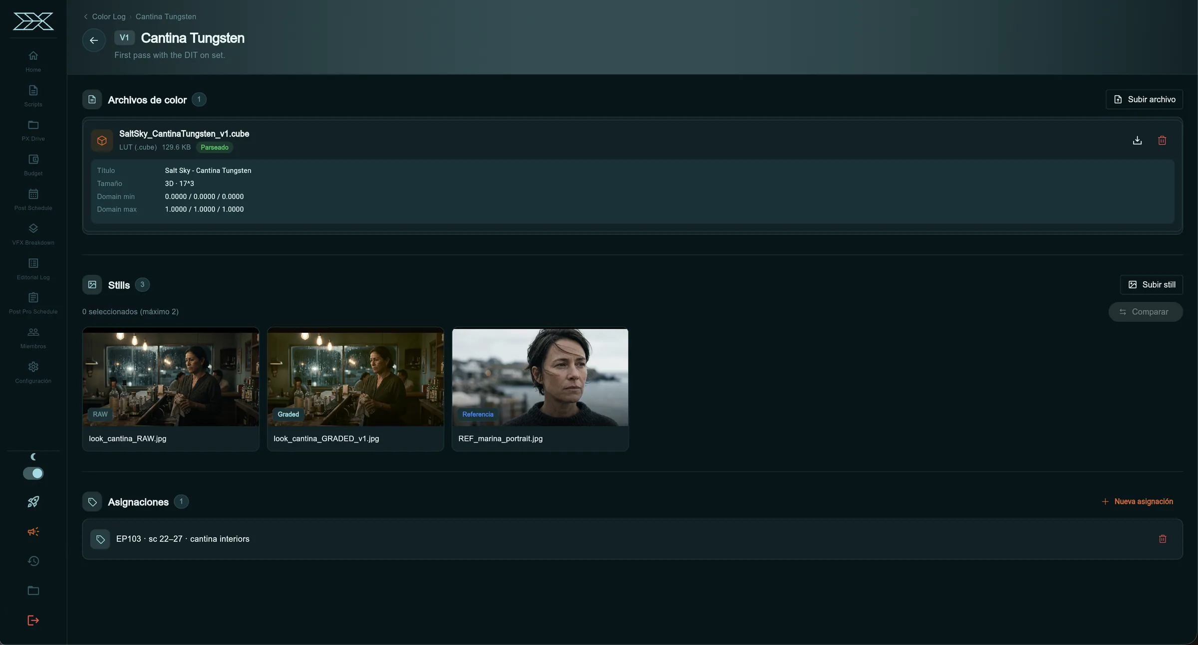 Color Log · LUT parseada, stills RAW y graded, y asignación por escenas