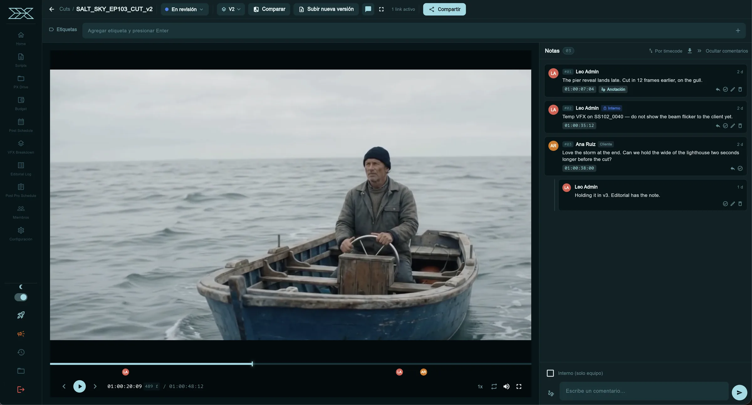 Screening Room · comentarios al timecode y enlaces seguros para el cliente