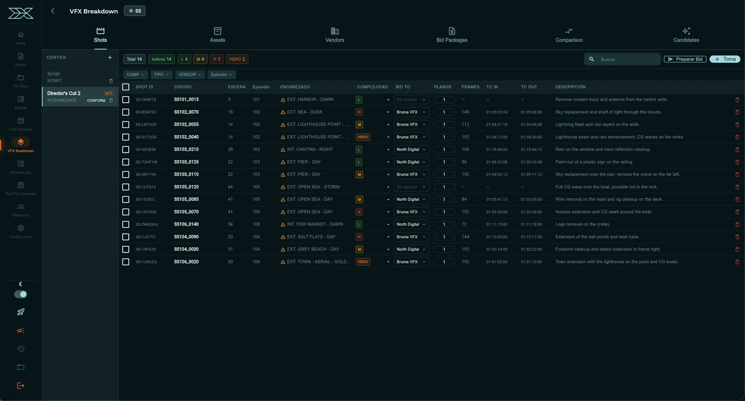 VFX Breakdown · shots por escena con complejidad, vendor y timecodes