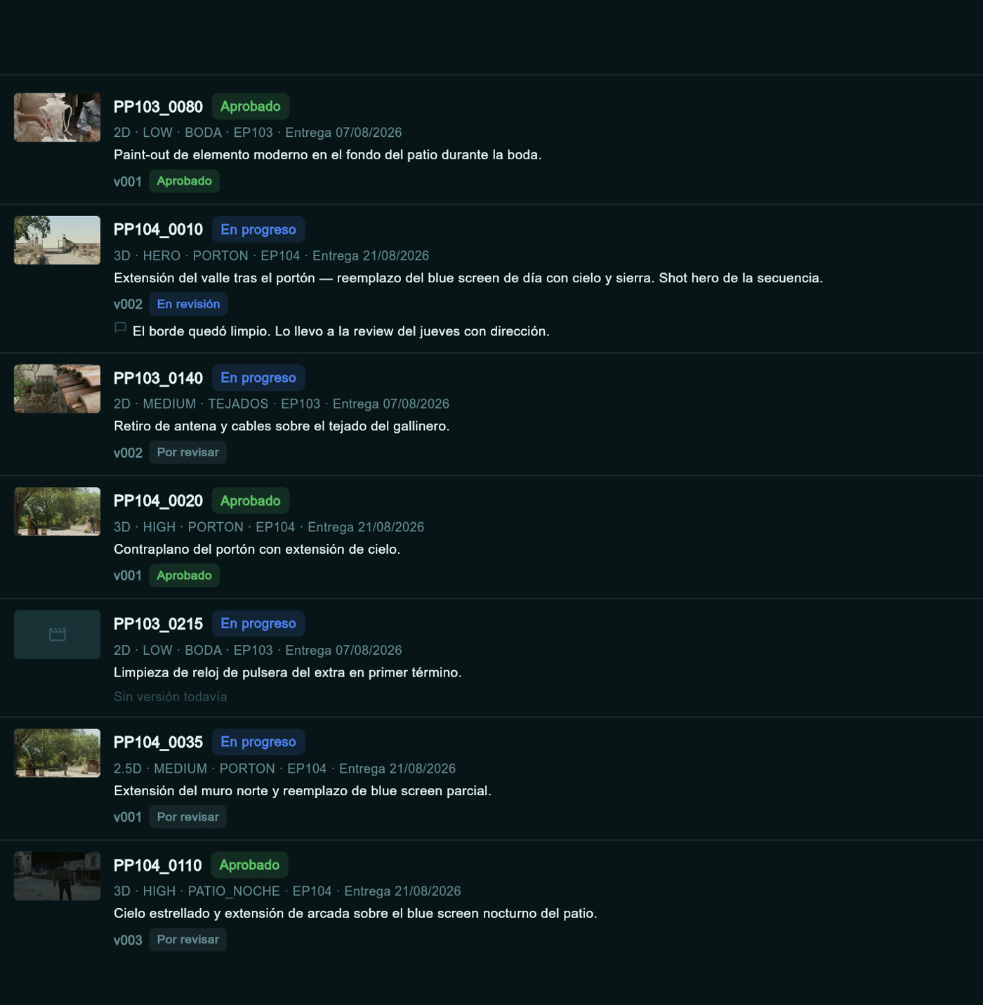Vista que ve el vendor desde su enlace: sus shots con estado y notas